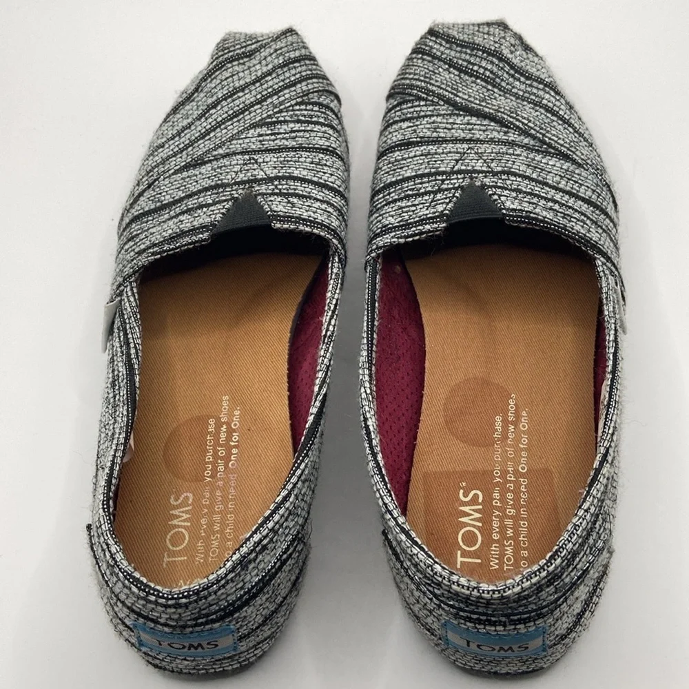 TOMS Metallic Stripe Textile Slip-Ons, Black/Silver, Size 6.5W